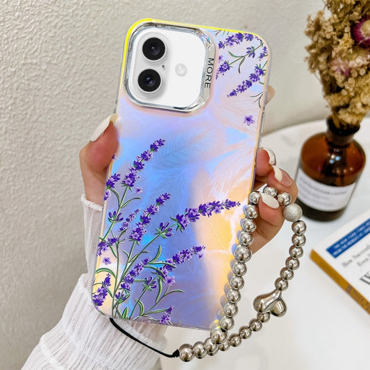 For iPhone 16 Plus Electroplating Laser Flower Phone Case with Wrist Strap(Lavender AH14) - iPhone 16 Plus Cases by buy2fix | Online Shopping UK | buy2fix