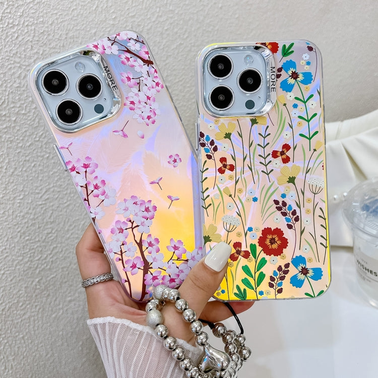 For iPhone 16 Plus Electroplating Laser Flower Phone Case with Wrist Strap(Plum Blossom AH18) - iPhone 16 Plus Cases by buy2fix | Online Shopping UK | buy2fix