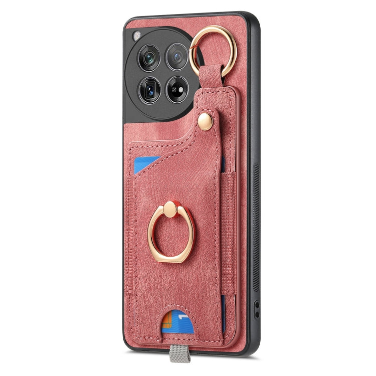 For OnePlus 12 5G Retro Skin-feel Ring Card Bag Phone Case with Hang Loop(Pink) - OnePlus Cases by buy2fix | Online Shopping UK | buy2fix