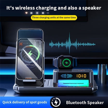 T50 5-in-1 Magnetic Wireless Charger Phone Watch Earphone Charging Stand with Clock & Speaker(Black) - Wireless Charger by buy2fix | Online Shopping UK | buy2fix