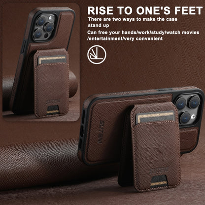 For iPhone 15 Plus Suteni M2 Cross-Grain MagSafe Vertical Card Back Phone Case(Brown) - iPhone 15 Plus Cases by Suteni | Online Shopping UK | buy2fix