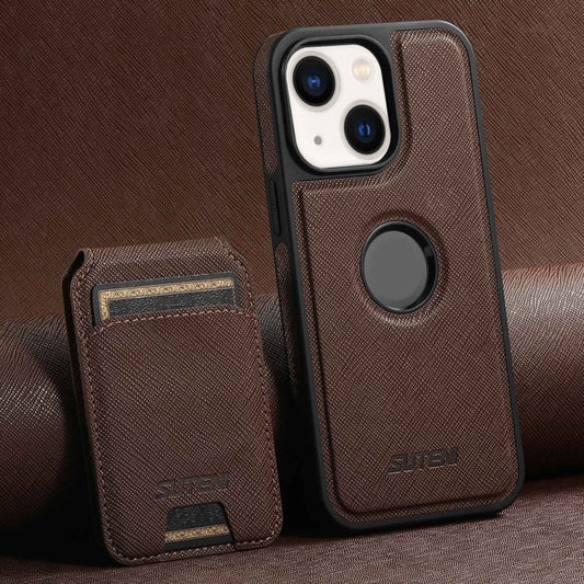 For iPhone 14 Plus Suteni M2 Cross-Grain MagSafe Vertical Card Back Phone Case(Brown) - iPhone 14 Plus Cases by Suteni | Online Shopping UK | buy2fix