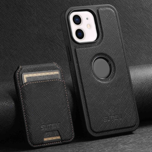 For iPhone 12 Suteni M2 Cross-Grain MagSafe Vertical Card Back Phone Case(Black) - iPhone 12 / 12 Pro Cases by Suteni | Online Shopping UK | buy2fix