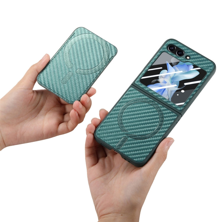 For Samsung Galaxy Z Flip6 Carbon Fiber Ring Card Bag Magsafe Phone Case(Green) - Galaxy Z Flip6 5G Cases by buy2fix | Online Shopping UK | buy2fix