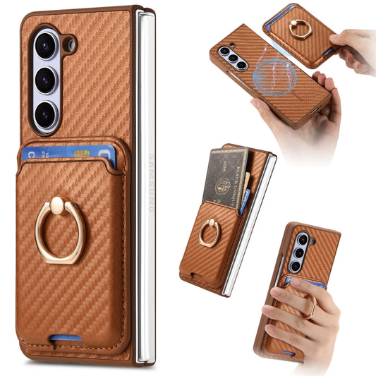 For Samsung Galaxy Z Fold6 Carbon Fiber Ring Card Bag Magsafe Phone Case(Brown) - Galaxy Z Fold6 5G Cases by buy2fix | Online Shopping UK | buy2fix