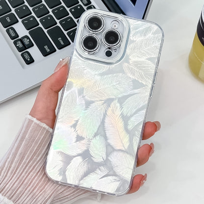 For iPhone 16 Pro Plating Glitter Texture TPU Phone Case with Lens Film(White Feathers) - iPhone 16 Pro Cases by buy2fix | Online Shopping UK | buy2fix