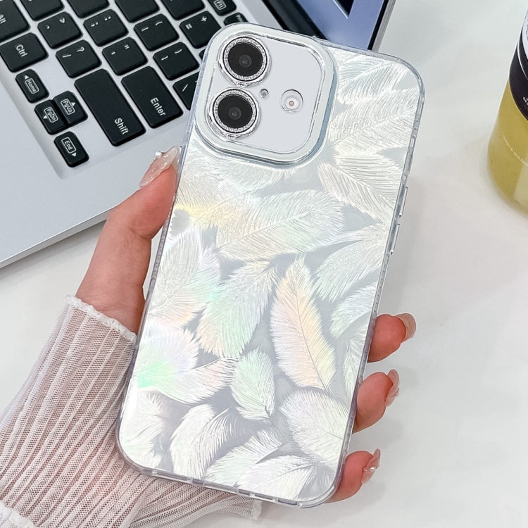 For iPhone 16 Plus Plating Glitter Texture TPU Phone Case with Lens Film(White Feathers) - iPhone 16 Plus Cases by buy2fix | Online Shopping UK | buy2fix