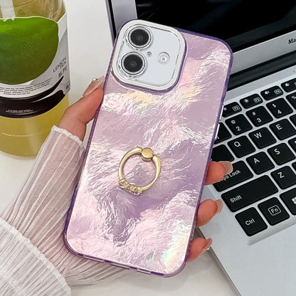 For iPhone 16 Plating Glitter Texture Ring Holder TPU Phone Case with Lens Film(Purple Tinfoil Texture) - iPhone 16 Cases by buy2fix | Online Shopping UK | buy2fix