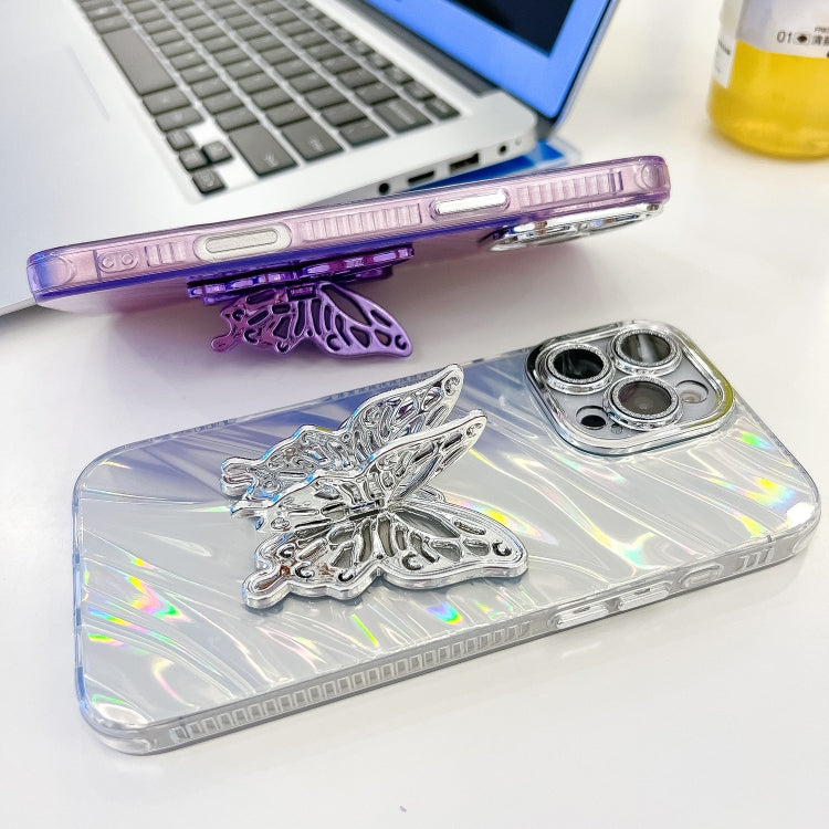 For iPhone 16 Pro Max Plating Glitter Texture Butterfly Holder TPU Phone Case with Lens Film(White Water Ripples) - iPhone 16 Pro Max Cases by buy2fix | Online Shopping UK | buy2fix