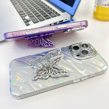 For iPhone 16 Pro Max Plating Glitter Texture Butterfly Holder TPU Phone Case with Lens Film(Purple Wrinkles) - iPhone 16 Pro Max Cases by buy2fix | Online Shopping UK | buy2fix