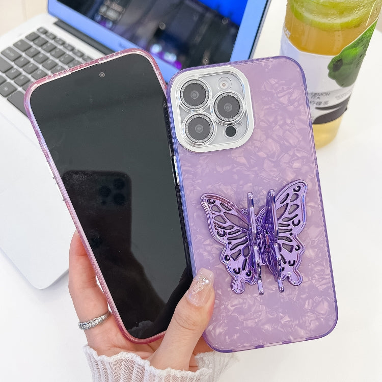 For iPhone 16 Pro Max Plating Glitter Texture Butterfly Holder TPU Phone Case with Lens Film(White Water Ripples) - iPhone 16 Pro Max Cases by buy2fix | Online Shopping UK | buy2fix