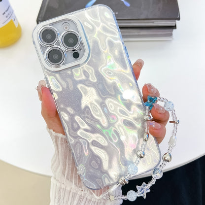 For iPhone 16 Pro Max Plating Glitter Texture Chain Wristband TPU Phone Case with Lens Film(White Wrinkles) - iPhone 16 Pro Max Cases by buy2fix | Online Shopping UK | buy2fix