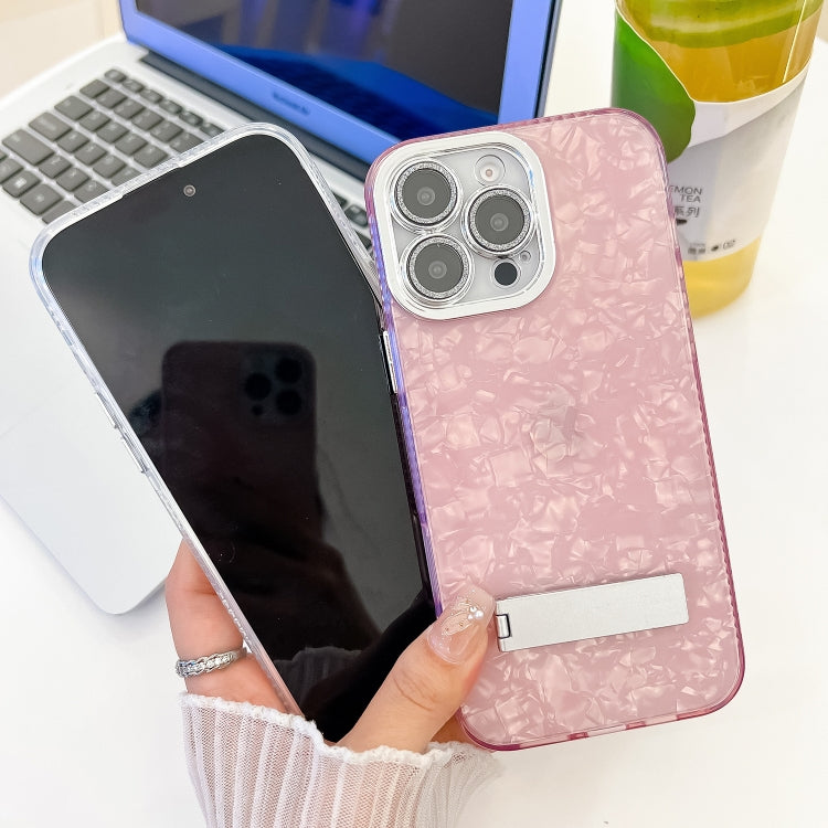 For iPhone 16 Pro Max Plating Glitter Texture Fold Holder TPU Phone Case with Lens Film(Pink Shell Pattern) - iPhone 16 Pro Max Cases by buy2fix | Online Shopping UK | buy2fix