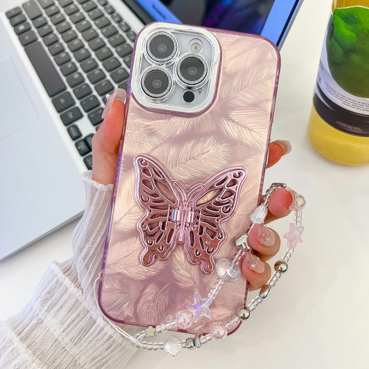 For iPhone 16 Pro Max Plating Glitter Lens Film Texture Butterfly Holder Wristband Phone Case(Pink Feathers) - iPhone 16 Pro Max Cases by buy2fix | Online Shopping UK | buy2fix