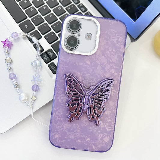 For iPhone 16 Plating Glitter Lens Film Texture Butterfly Holder Wristband Phone Case(Purple Shell Pattern) - iPhone 16 Cases by buy2fix | Online Shopping UK | buy2fix