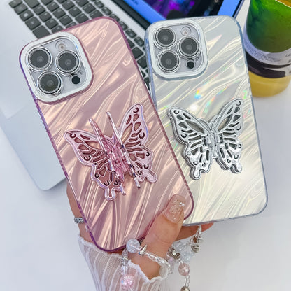 For iPhone 16 Pro Max Plating Glitter Lens Film Texture Butterfly Holder Wristband Phone Case(Purple Feather Yarn) - iPhone 16 Pro Max Cases by buy2fix | Online Shopping UK | buy2fix