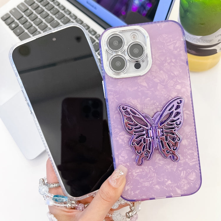 For iPhone 16 Pro Max Plating Glitter Lens Film Texture Butterfly Holder Wristband Phone Case(Pink Feathers) - iPhone 16 Pro Max Cases by buy2fix | Online Shopping UK | buy2fix