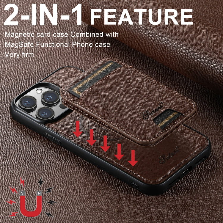 For iPhone 16 Pro Max Suteni H18 Cross Grain MagSafe Wallet Leather Phone Case(Brown) - iPhone 16 Pro Max Cases by Suteni | Online Shopping UK | buy2fix