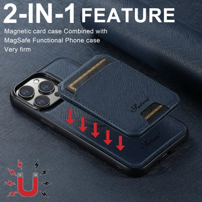 For iPhone 15 Suteni H18 Cross Grain MagSafe Wallet Leather Phone Case(Blue) - iPhone 15 Cases by Suteni | Online Shopping UK | buy2fix