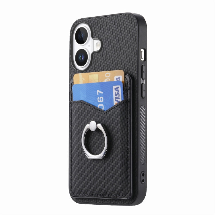 For iPhone 16 Carbon Fiber Card Wallet Ring Phone Case(Black) - iPhone 16 Cases by buy2fix | Online Shopping UK | buy2fix