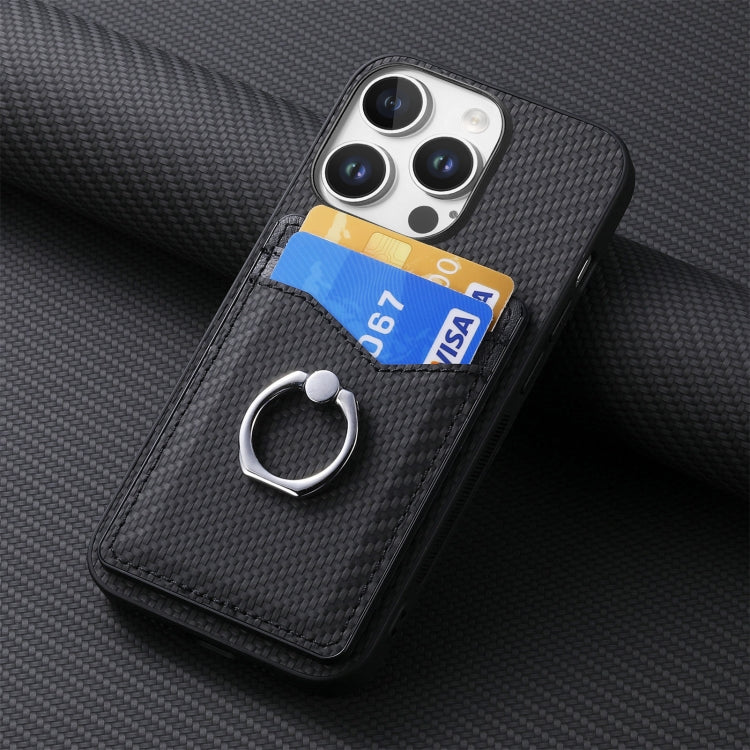 For iPhone 16 Pro Carbon Fiber Card Wallet Ring Phone Case(Black) - iPhone 16 Pro Cases by buy2fix | Online Shopping UK | buy2fix