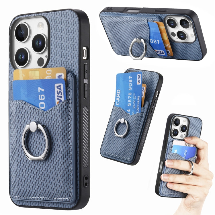 For iPhone 16 Pro Max Carbon Fiber Card Wallet Ring Phone Case(Blue) - iPhone 16 Pro Max Cases by buy2fix | Online Shopping UK | buy2fix