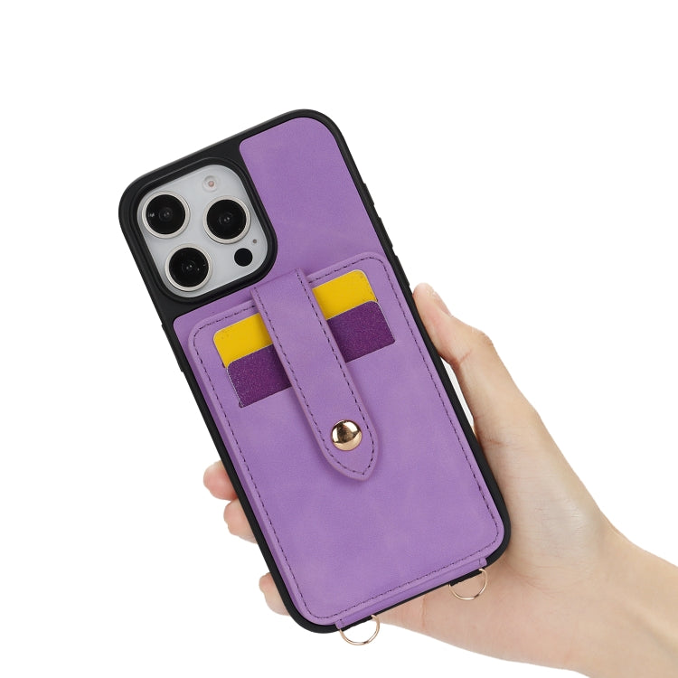 For iPhone 16 Plus Crossbody Skin Card Bag Lanyard Phone Case(Purple) - iPhone 16 Plus Cases by buy2fix | Online Shopping UK | buy2fix