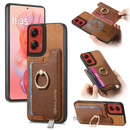 For Motorola Moto G Stylus 5G 2024 Retro Magsafe Cross Leather Ring Holder Card Bag Phone Case(Brown) - Motorola Cases by buy2fix | Online Shopping UK | buy2fix