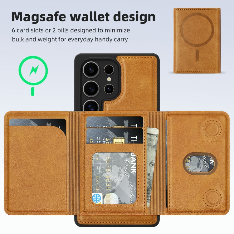 For Samsung Galaxy S25 5G Shield Multi-functional MagSafe Card Bag Phone Case(Brown) - Galaxy S25 5G Cases by buy2fix | Online Shopping UK | buy2fix