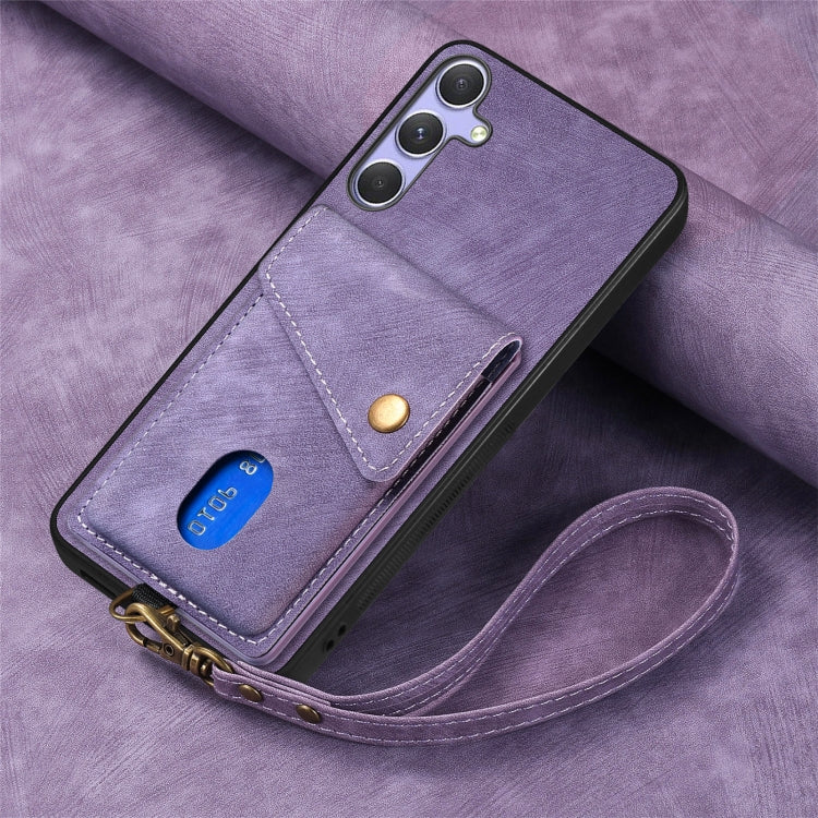 For Samsung Galaxy S25 5G Retro Card Wallet Fold Leather Phone Case with Strap(Purple) - Galaxy S25 5G Cases by buy2fix | Online Shopping UK | buy2fix