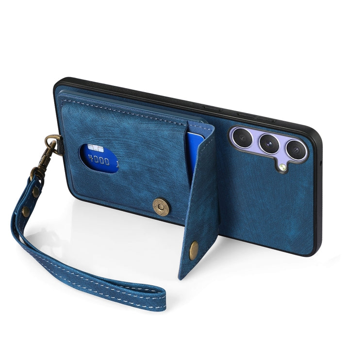 For Samsung Galaxy S25+ 5G Retro Card Wallet Fold Leather Phone Case with Strap(Blue) - Galaxy S25+ 5G Cases by buy2fix | Online Shopping UK | buy2fix