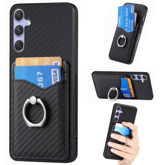 For Samsung Galaxy S25 Ultra 5G Carbon Fiber Card Wallet Ring Phone Case(Black) - Galaxy S25 Ultra 5G Cases by buy2fix | Online Shopping UK | buy2fix