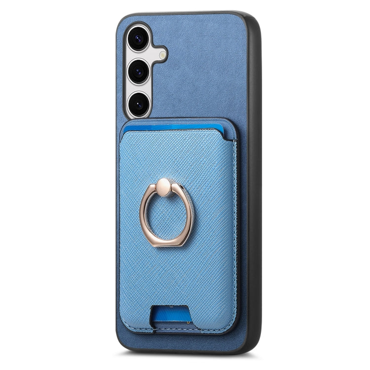 For Samsung Galaxy S25 5G Retro Cross Leather Ring Vertical Insert Card Bag MagSafe Phone Case(Blue) - Galaxy S25 5G Cases by buy2fix | Online Shopping UK | buy2fix