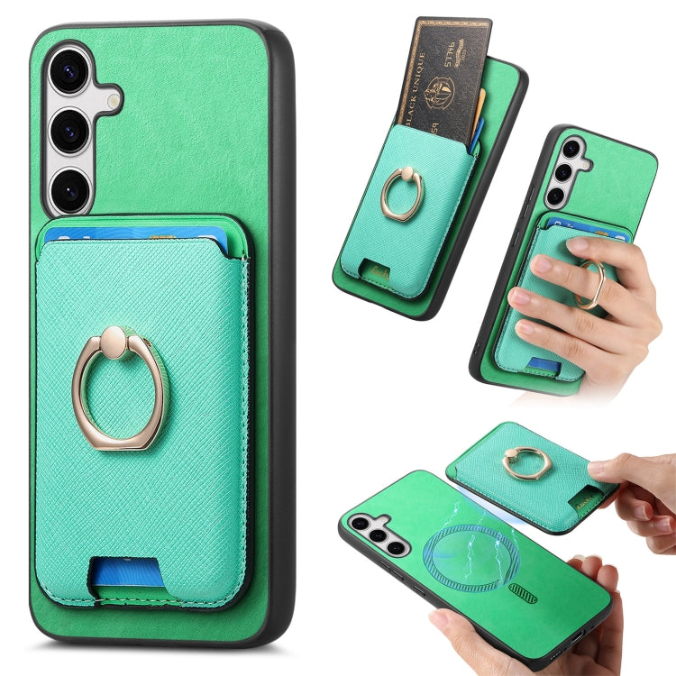 For Samsung Galaxy S25 5G Retro Cross Leather Ring Vertical Insert Card Bag MagSafe Phone Case(Green) - Galaxy S25 5G Cases by buy2fix | Online Shopping UK | buy2fix