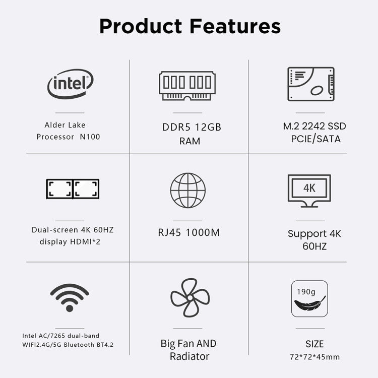 N100/DDR5 12th AlderLake-N100 Dual 4K60Hz Office And Home Mini PC, Spec: 12G+1TB /EU Plug - Windows Mini PCs by buy2fix | Online Shopping UK | buy2fix