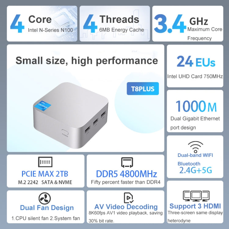 T8Plus Alder Lake-N100 4K Dual Band WIFI Bluetooth Office Game Portable Mini PC, Spec: 8G 1TB UK Plug - Windows Mini PCs by buy2fix | Online Shopping UK | buy2fix