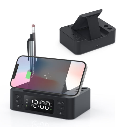 Wireless Charger Alarm Clock Foldable Mobile Stand With Pen Holder & Dual USB +1 Type-C Output(Black) - Multifunction Charger by buy2fix | Online Shopping UK | buy2fix