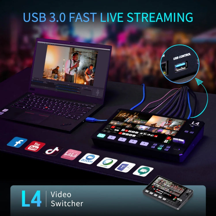 FEELWORLD L4 Multi-Camera Video Mixer Switcher 10.1" Touch Screen USB 3.0 Fast Streaming(UK Plug) - On-camera Monitors by FEELWORLD | Online Shopping UK | buy2fix