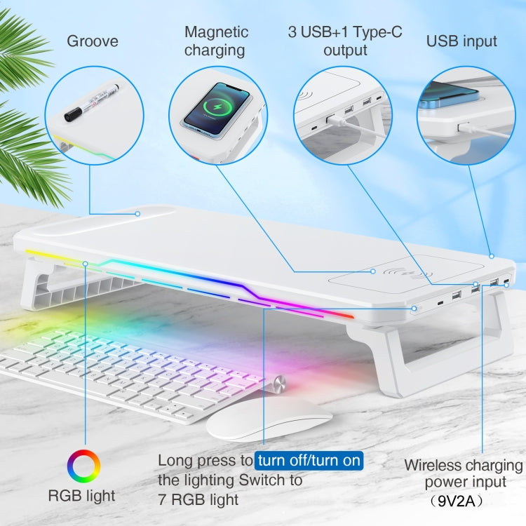 RGB Computer Monitor Stand Riser 3 USB 2.0 +1 Type-C Ports, Spec: Wireless Charging  Black - Laptop Stand by buy2fix | Online Shopping UK | buy2fix