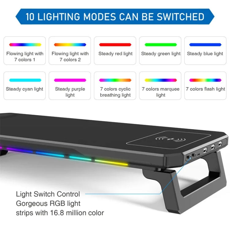 RGB Computer Monitor Stand Riser 3 USB 2.0 +1 Type-C Ports, Spec: Basic Black - Laptop Stand by buy2fix | Online Shopping UK | buy2fix