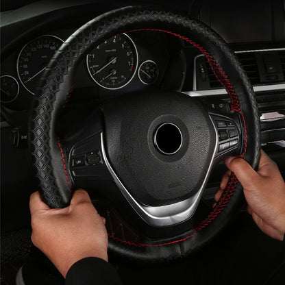 38cm Four-season Embossed Hand-sewn Cowhide Steering Wheel Cover(Black+Red Line) - Steering Wheel Accessories by buy2fix | Online Shopping UK | buy2fix