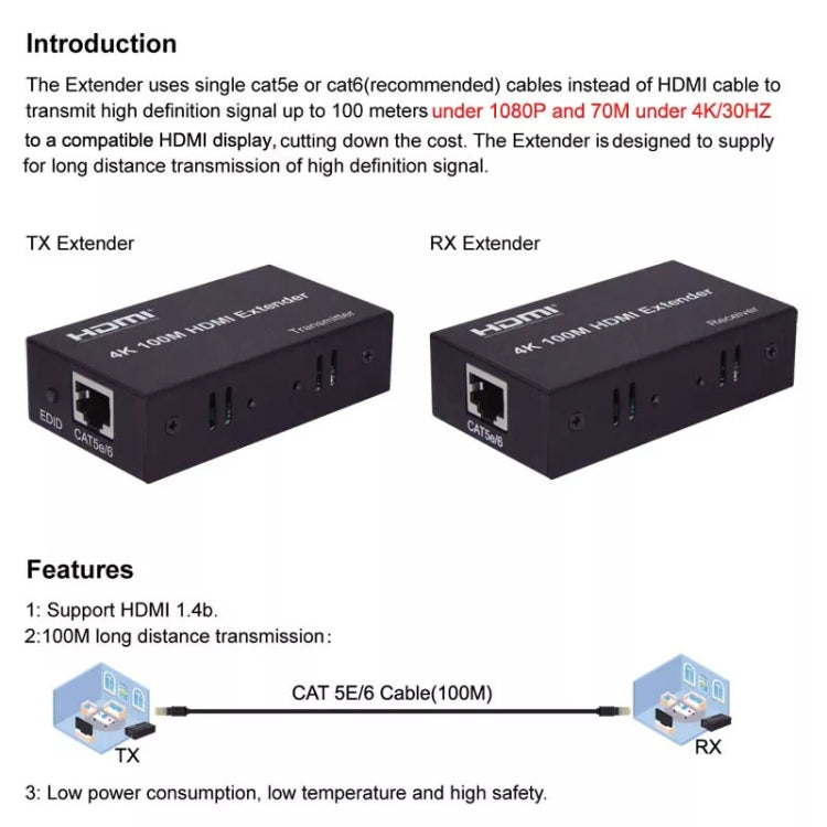 HDMI To RJ45 Single Ethernet Cable 100m Extender 4K HD Cable Signal Amplifier US Plug(Silver) - Amplifier by buy2fix | Online Shopping UK | buy2fix