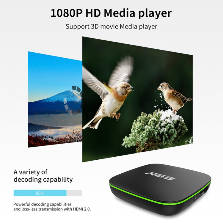 R69 1080P HD Smart TV BOX Android 4.4 Media Player wtih Remote Control, Quad Core Allwinner H3, RAM: 2GB, ROM: 16GB, 2.4G WiFi, LAN, UK Plug - Allwinner H3 by buy2fix | Online Shopping UK | buy2fix