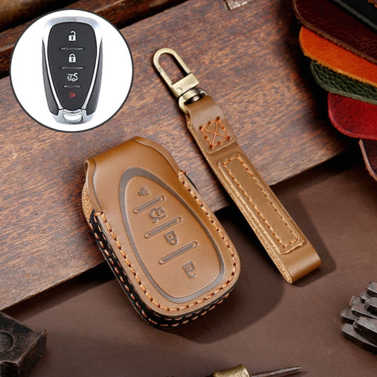 For Chevrolet 4-button Hallmo Car Cowhide Leather Key Protective Cover Key Case(Brown) - In Car by Hallmo | Online Shopping UK | buy2fix