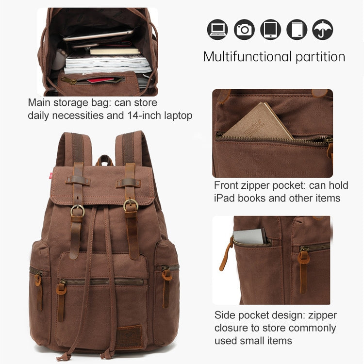 AUGUR 1039 Large Student Retro Canvas Backpack Shoulders Laptop Bag(Coffee) - Backpacks by AUGUR | Online Shopping UK | buy2fix