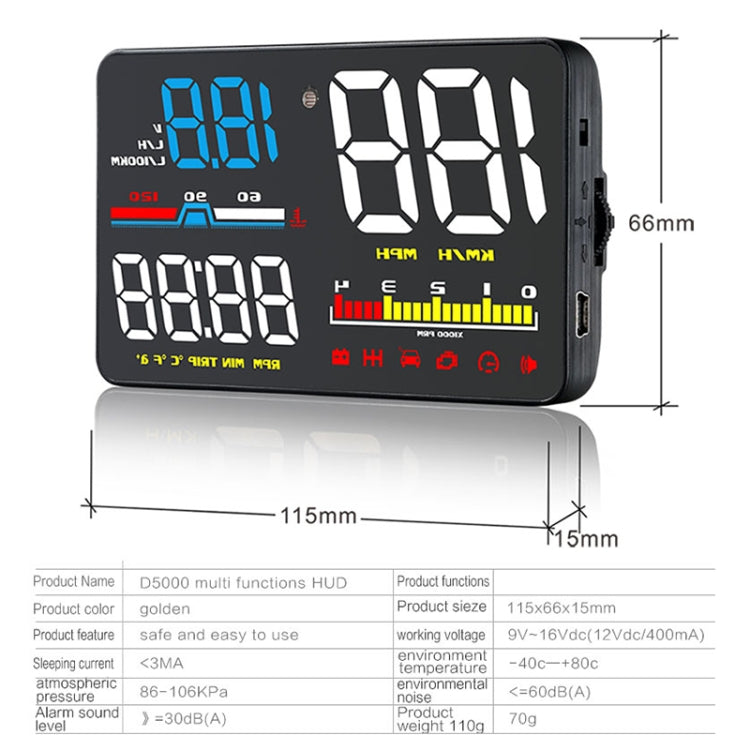 D5000 OBD2 5 inch Vehicle-mounted Head Up Display Security System, Support Car Speed / Engine Revolving Speed Display / Water Temperature / Battery Voltage / Detection and Elimination Fault Code - Head Up Display System by buy2fix | Online Shopping UK | buy2fix