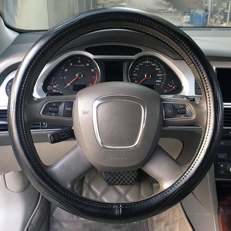 Universal Car Genuine Leather Pinhole Steering Wheel Cover, Diameter: 38cm(Black) -  by buy2fix | Online Shopping UK | buy2fix