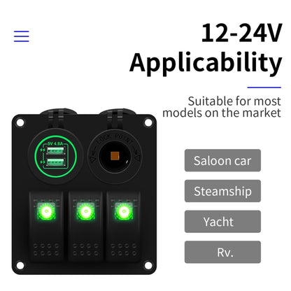 Multi-functional Combination Switch Panel 12V / 24V 3 Way Switches + Dual USB Charger for Car RV Marine Boat (Green Light) - In Car by buy2fix | Online Shopping UK | buy2fix