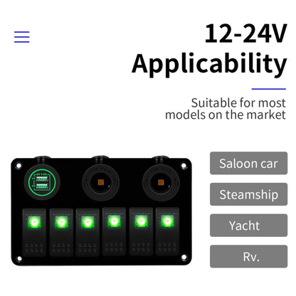 Multi-functional Combination Switch Panel 12V / 24V 6 Way Switches + Dual USB Charger for Car RV Marine Boat (Blue Light) - In Car by buy2fix | Online Shopping UK | buy2fix