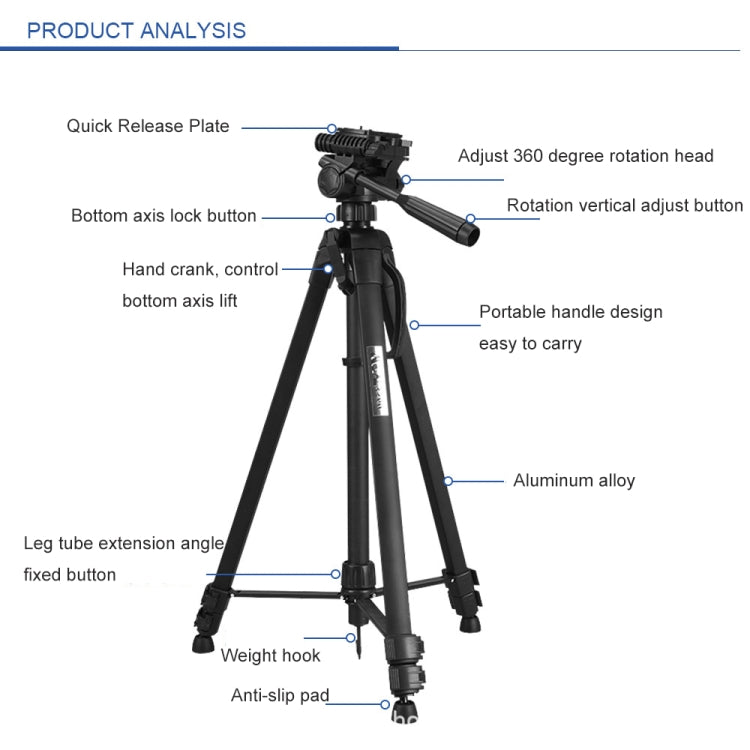 WeiFeng WT-3560 3-Section Folding Legs Live Broadcast Aluminum Alloy Tripod Mount (Black) - Camera Accessories by buy2fix | Online Shopping UK | buy2fix